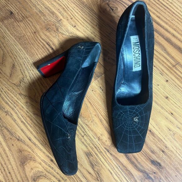 Moschino Vintage Black Suede Spider & Spider Wed Shoes Heels Witchy Goth - Picture 1 of 16